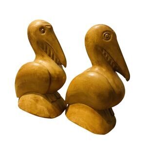 Set of 2 Vintage Hand Carved Wooden Pelican Birds Figures 8" Tall